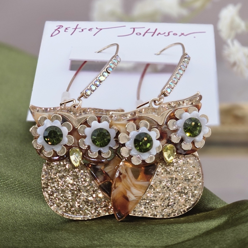 Betsey Johnson Earrings Crystal Owl Shepard Hook Fall Autumn Halloween Novelty